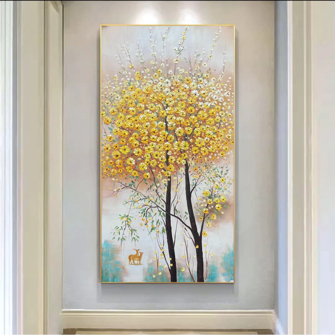 北欧《金色发mi树》入户玄关竖版过道手工现代风装饰画