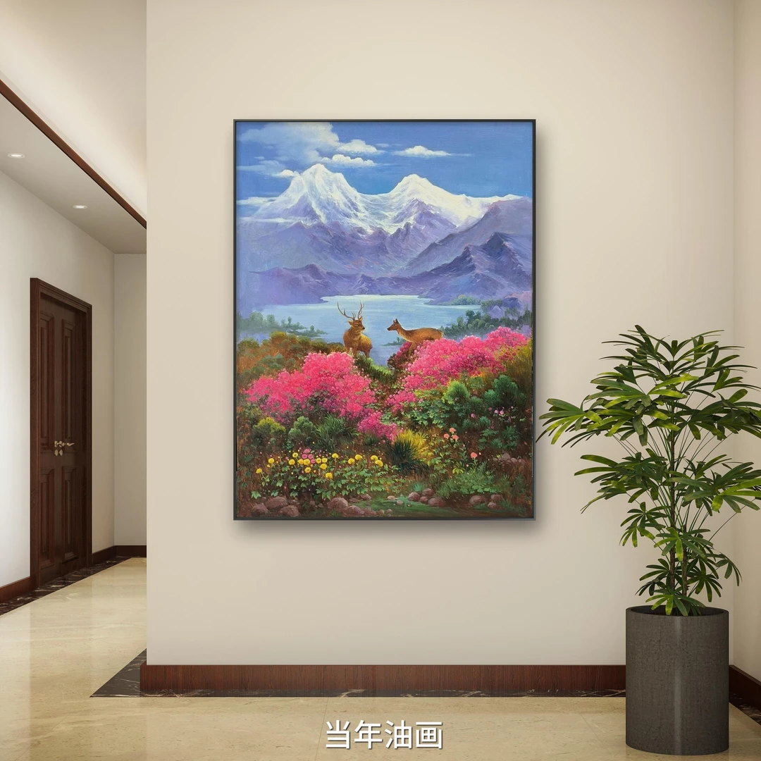 《天池春雪》欧式美式现代简约入户玄关走廊墙客厅沙发侧挂手绘油画