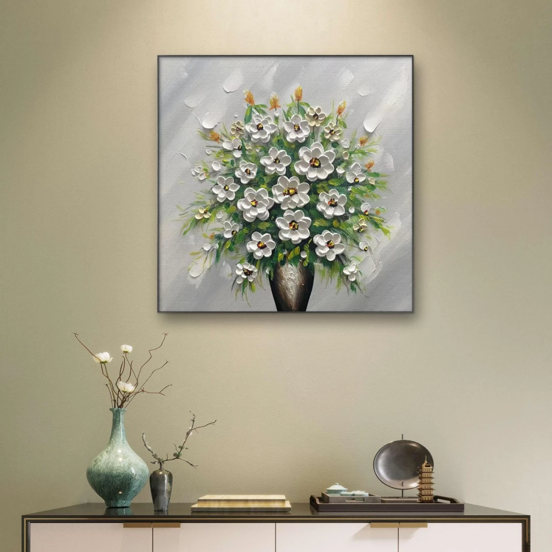 《繁花盛开之白茶花》砂岩肌理画绘画纯手工装饰画