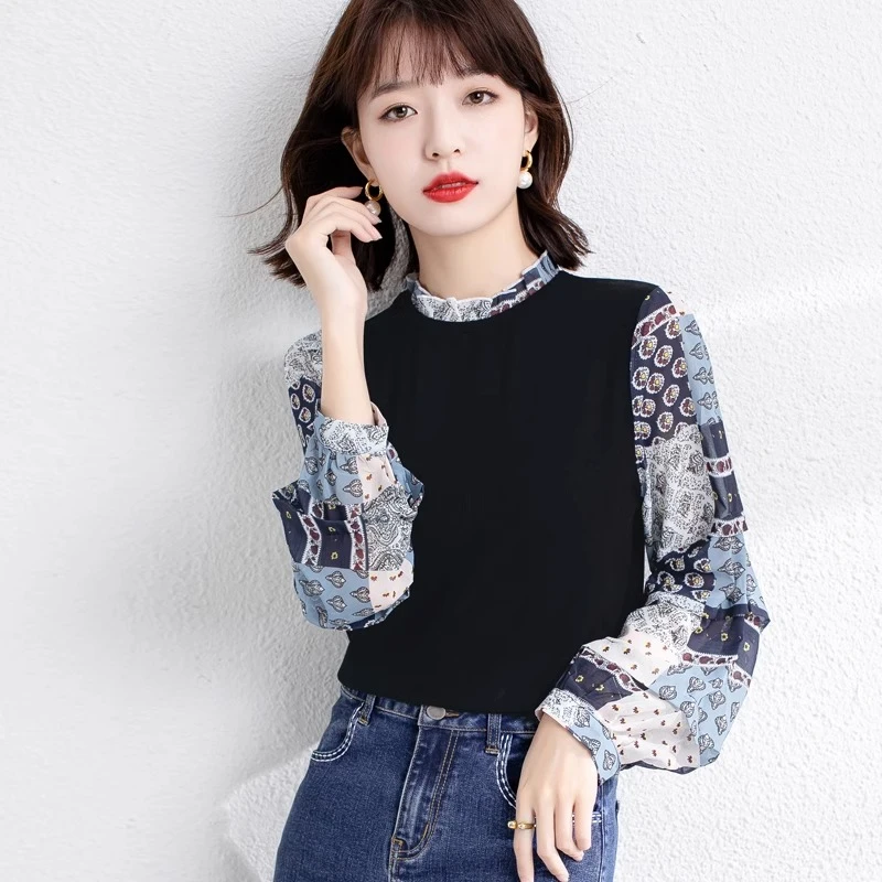 设计感小众休闲t恤女春秋胖妹妹宽松雪纺衫拼接打底气质内搭上衣