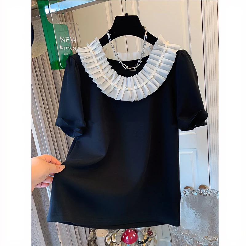 夏季新款设计感韩版女装大码宽松娃娃领网纱荷叶边减龄上衣百搭潮