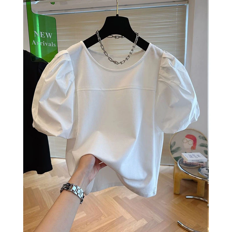 不规则宽松拼接设计感t恤女夏季 法式洋气百搭遮肚体恤上衣