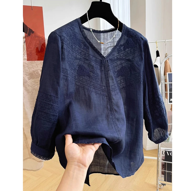 L9605中式刺绣V领七分袖衬衫上衣女夏季新款薄款轻奢文艺衬衣潮流