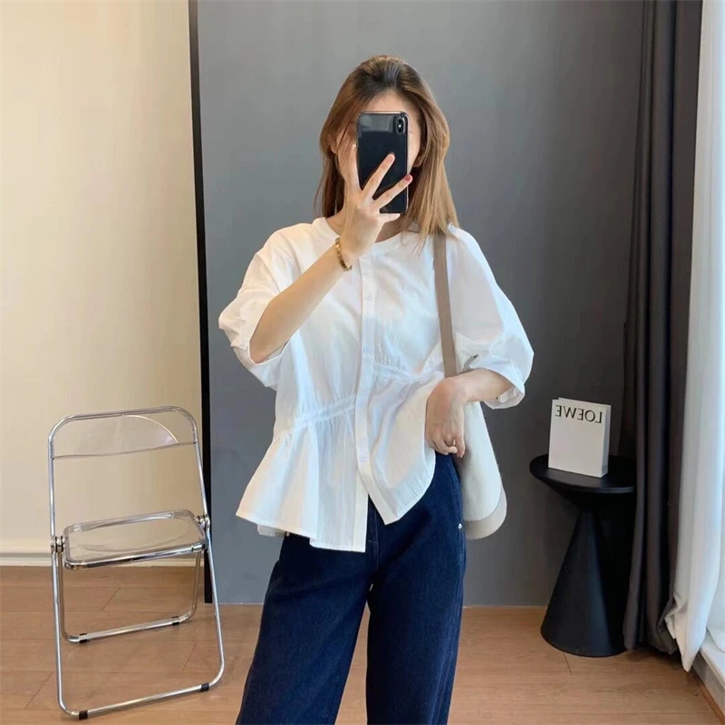 新款设计感遮肚显瘦衬衫女夏季胖妹妹宽松港风休闲气质衬衣上衣潮