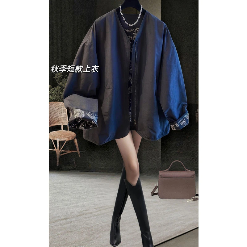 春秋新款大码宽松V领开衫短款外套女装胖妹妹休闲百搭上衣潮流爆