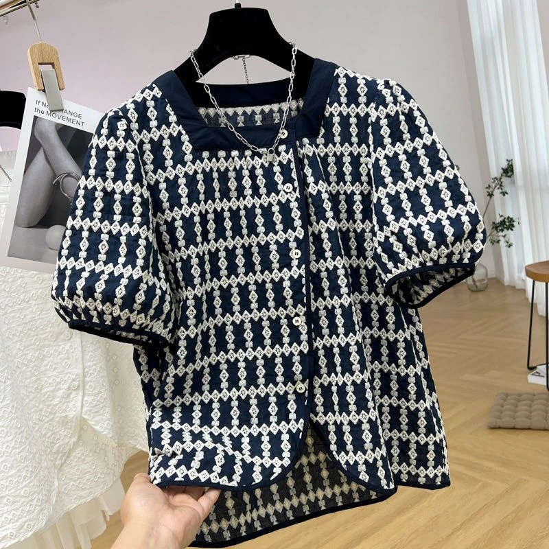 胖妹妹洋气复古显瘦t恤小衫女夏季新款短袖衬衫减龄体恤上衣百搭