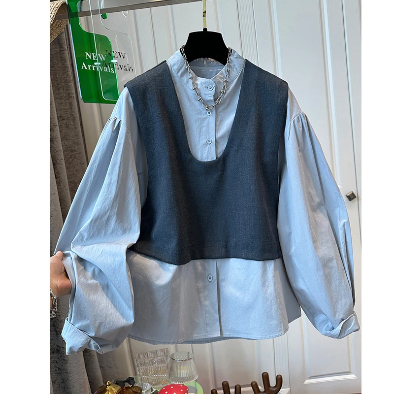 高级感假两件拼接长袖衬衫上衣女装大码宽松减龄气质时尚春秋款潮