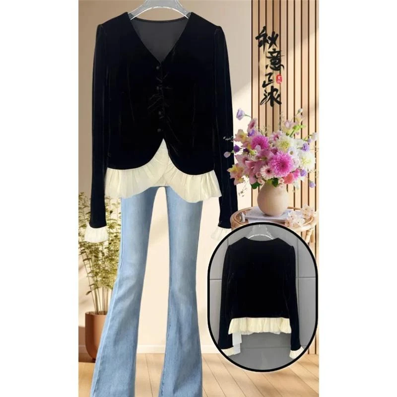 胖妹妹小香风金丝绒开衫衬衣气质拼接上衣宽松V领法式喇叭袖女