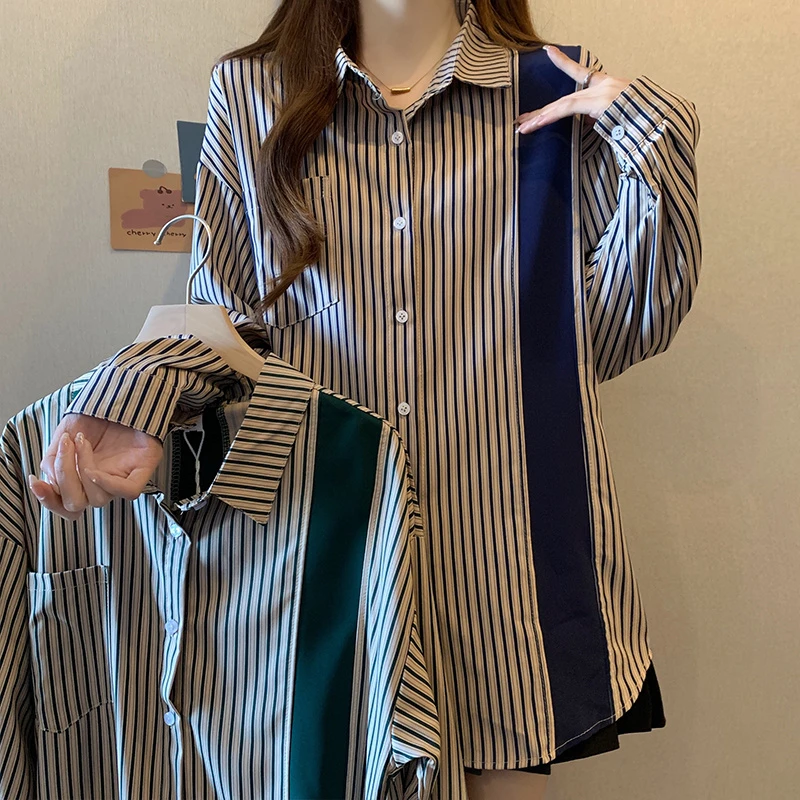 胖妹妹休闲港风气质条纹衬衫女春秋新款设计感小众别致宽松上衣潮