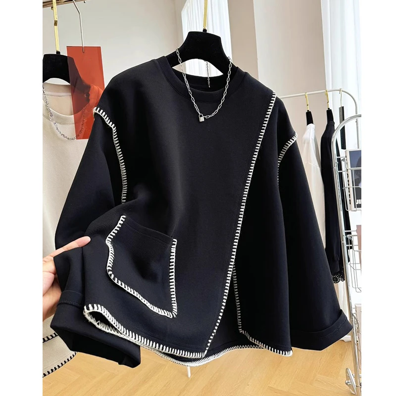 春秋新款高级感大码别致宽松长袖卫衣女胖MM休闲百搭时尚上衣潮流