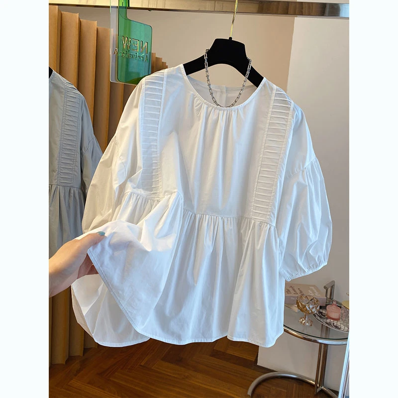 法式宽松下摆蓬蓬宽松遮肚子甜美灯笼袖白色衬衫女短袖夏季娃娃衫