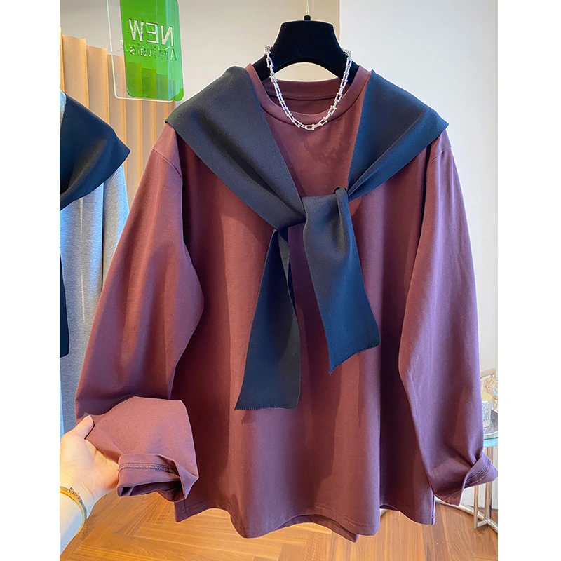 高级感假两件披肩连帽长袖T恤女装春秋新款别致好看上衣百搭潮流