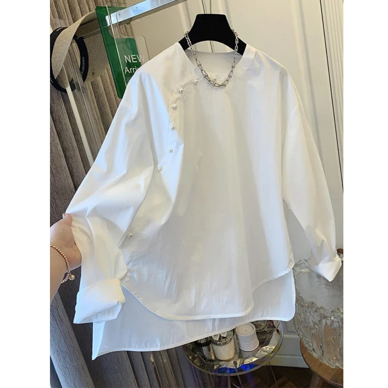 春秋新款设计感新中式珍珠纽扣长袖衬衫上衣女胖MM大码宽松小衫潮