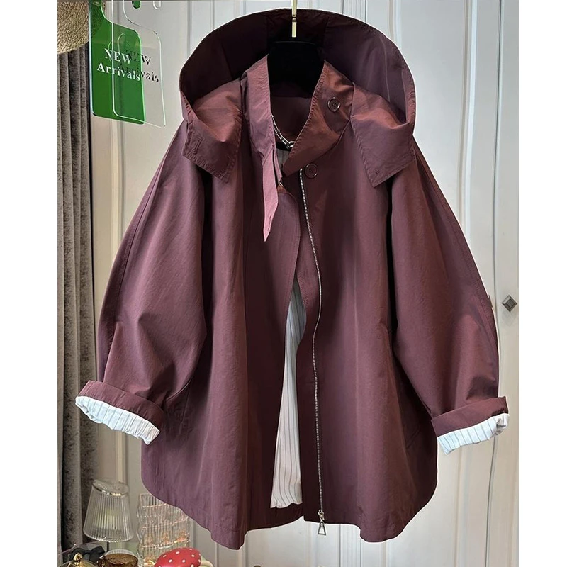 春秋新款工装外套宽松风衣女设计感高领连帽别致上衣时尚百搭大码