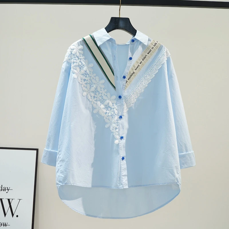 春秋新款设计感蕾丝花朵长袖衬衫上衣女大码宽松时尚气质小衫百搭