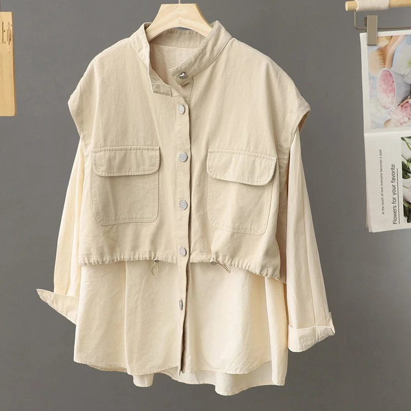 春秋设计感拼接假两件长袖衬衫上衣女胖MM大码宽松外套小衫潮流爆