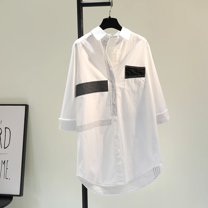 时尚春秋季新款黑白拼色上衣韩版衬衫中长款衬衣休闲大码宽松女装