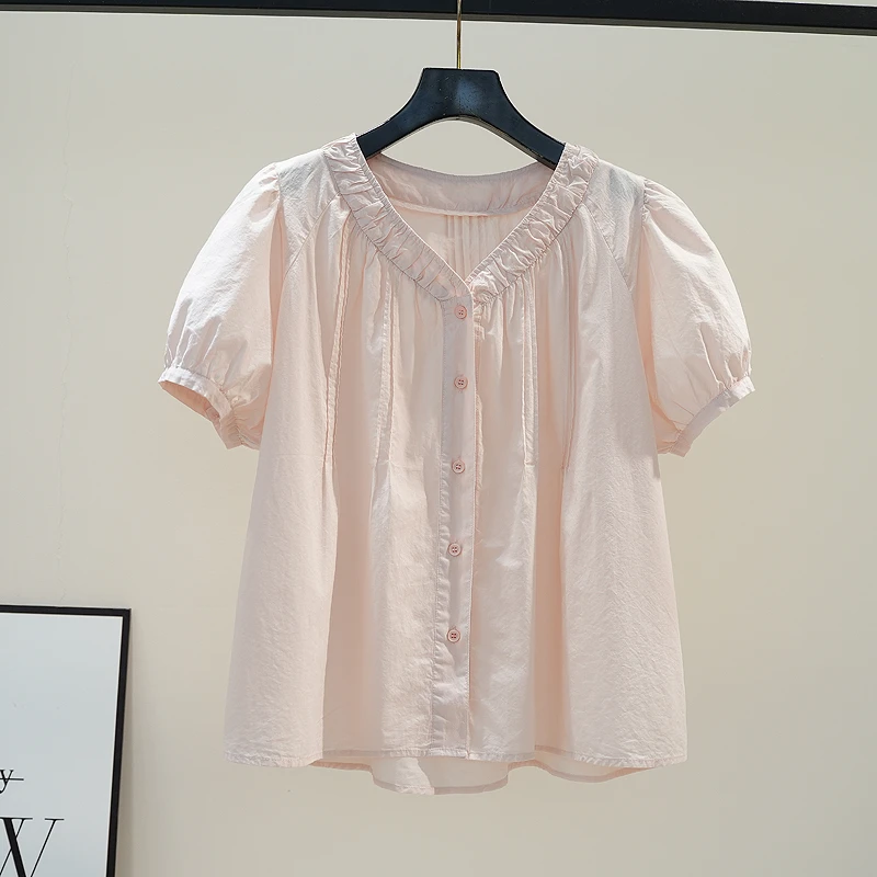夏季新款胖MM大码宽松V领泡泡袖衬衫上衣女设计感百搭小衫潮流爆