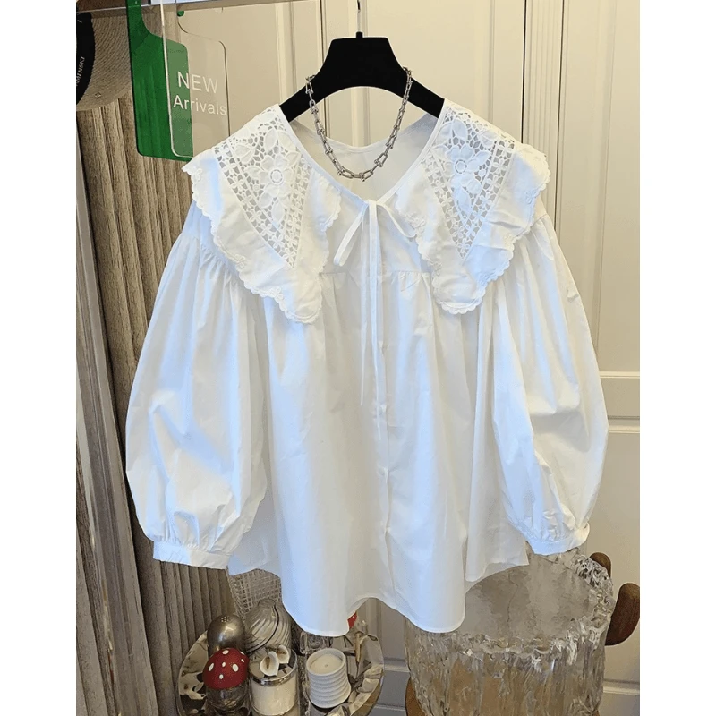 春秋新款减龄娃娃领灯笼袖衬衫上衣女胖MM大码宽松系带小衫潮流爆