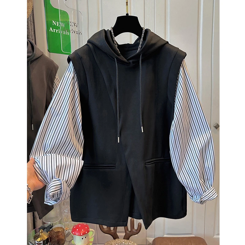 高级感假两件条纹连帽卫衣女装春秋新款慵懒风小众上衣百搭潮流爆