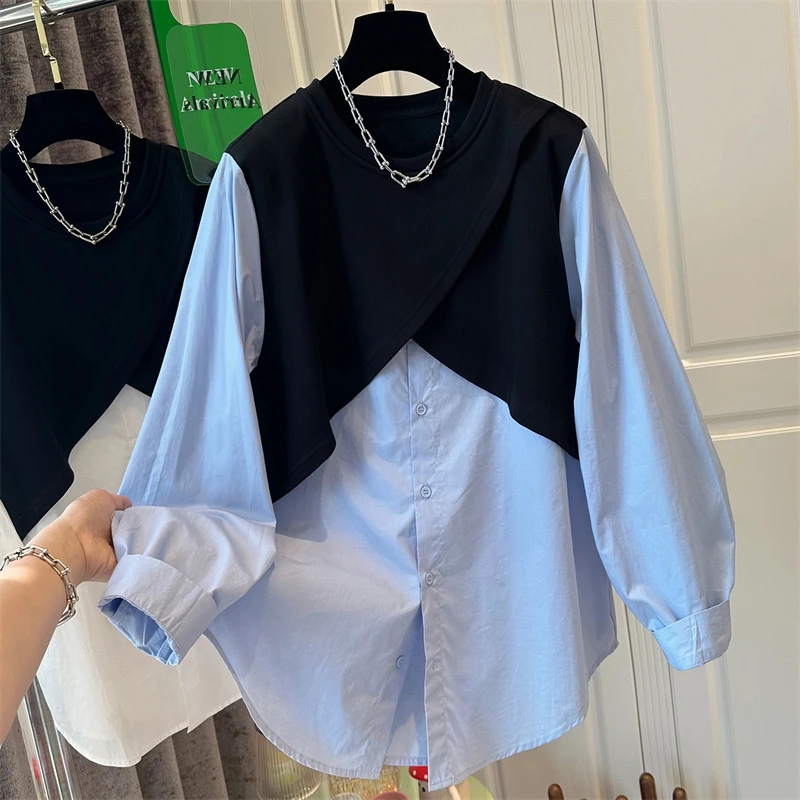 设计感小众卫衣拼接长袖衬衫女秋季上衣大码宽松遮肚别致个性衬衣