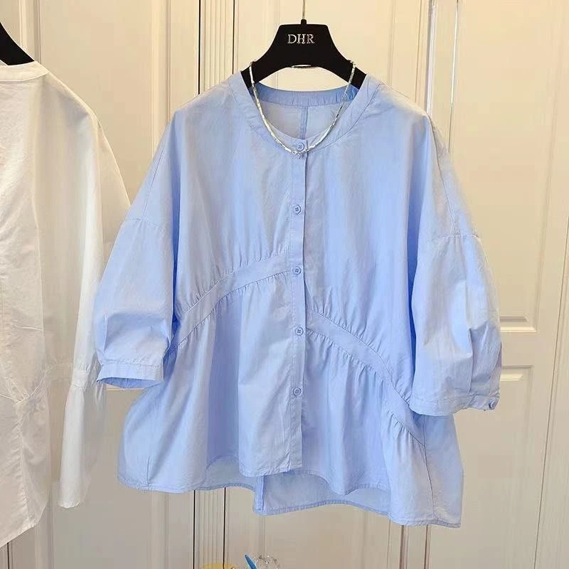 早春新款法式半袖衬衫港风t恤女别致衬衣减龄漂亮洋气遮肚子上衣