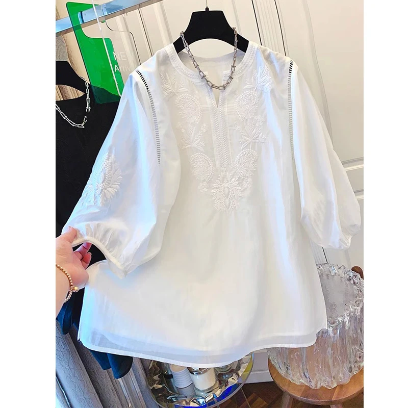 高级感重工刺绣泡泡袖六分袖衬衫女夏季新款法式宽松遮肚小衫百搭