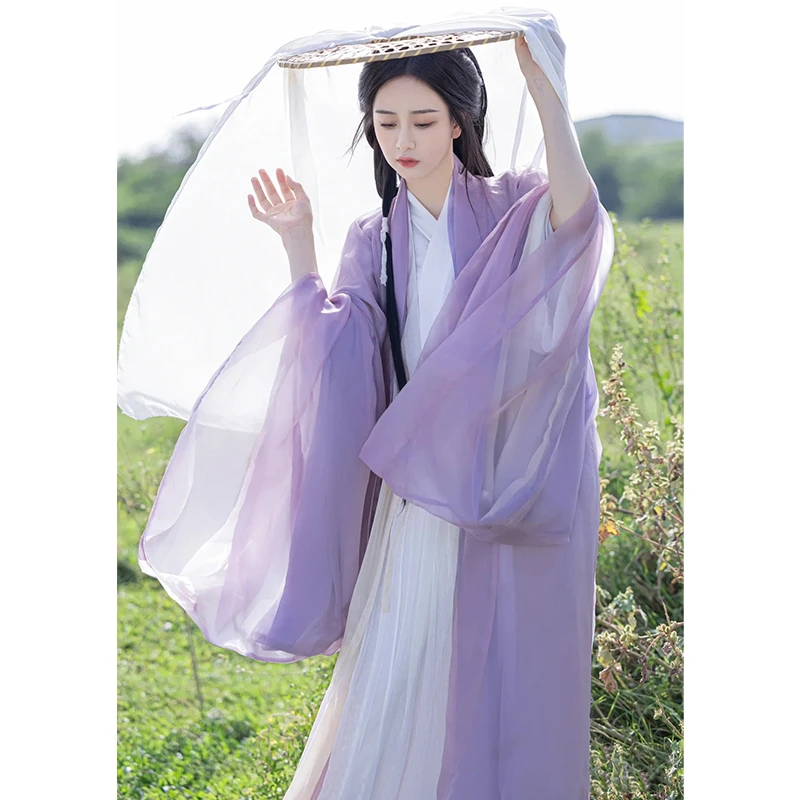 紫色汉服女古装女款长衫仙气飘飘成人交襟女装袖魏晋风南北朝秋季
