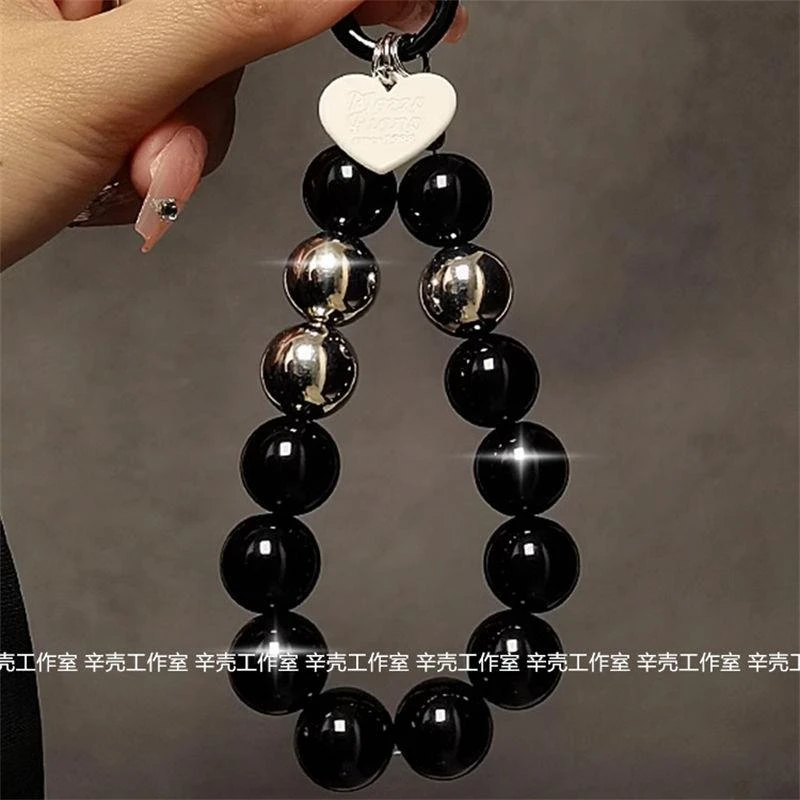 黑色珠子手提链条手机壳手腕短挂绳带夹片钥匙扣挂件女潮个性创意