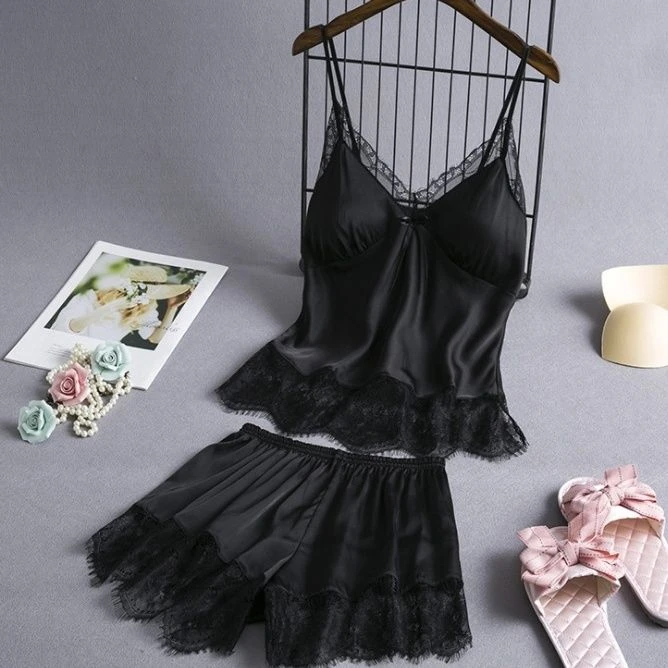 吊带韩版两件套睡衣女夏冰丝绸带胸垫性感春秋短裤套装吊带睡衣