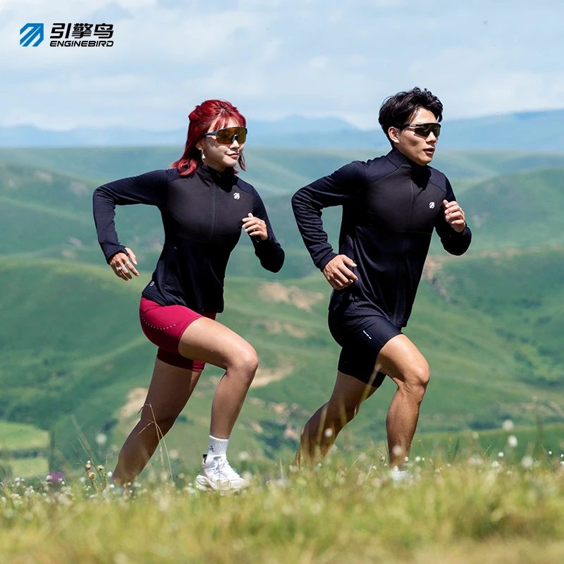 引擎鸟2025年秋冬新款加厚绒感方格长袖户外运动跑步速干外套卫衣