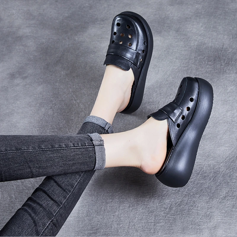 真皮包头拖鞋女夏外穿松糕软底洞洞拖鞋小个子增高厚底休闲穆勒鞋