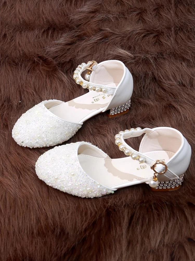 女童夏季鞋子水晶鞋时尚浅口民族风女公主皮鞋白色演出走秀粗跟鞋