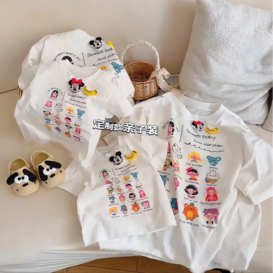 纯棉卡通短袖t恤宽松氧气一家三口卡通头像印花上衣a类外穿潮流