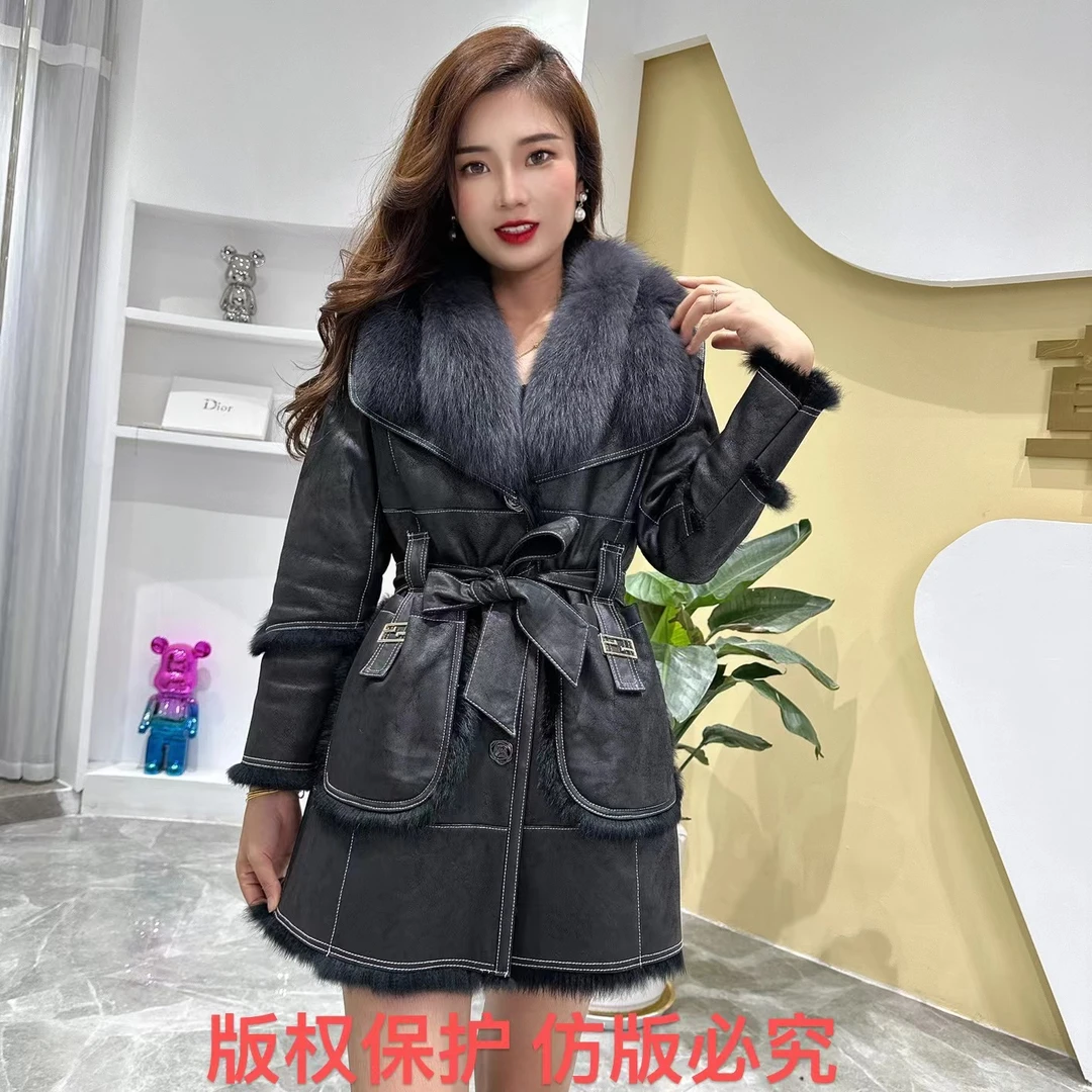 皮草束腰中长款外套皮毛一体气质狐狸毛领设计师冬季防寒皮草