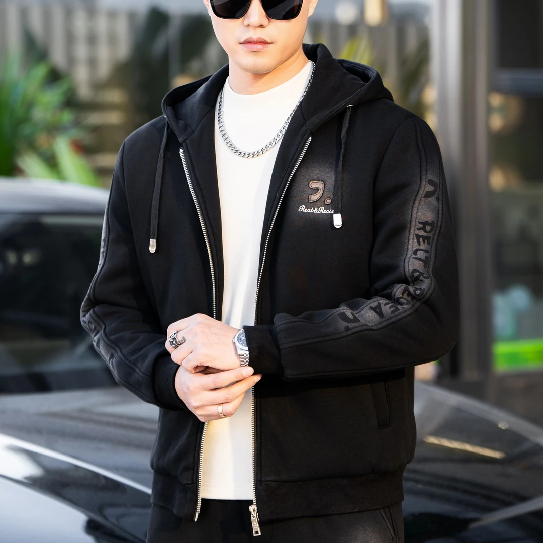 男士冬季连帽款水洗印花夹棉100g加厚高端夹克潮牌外套55512