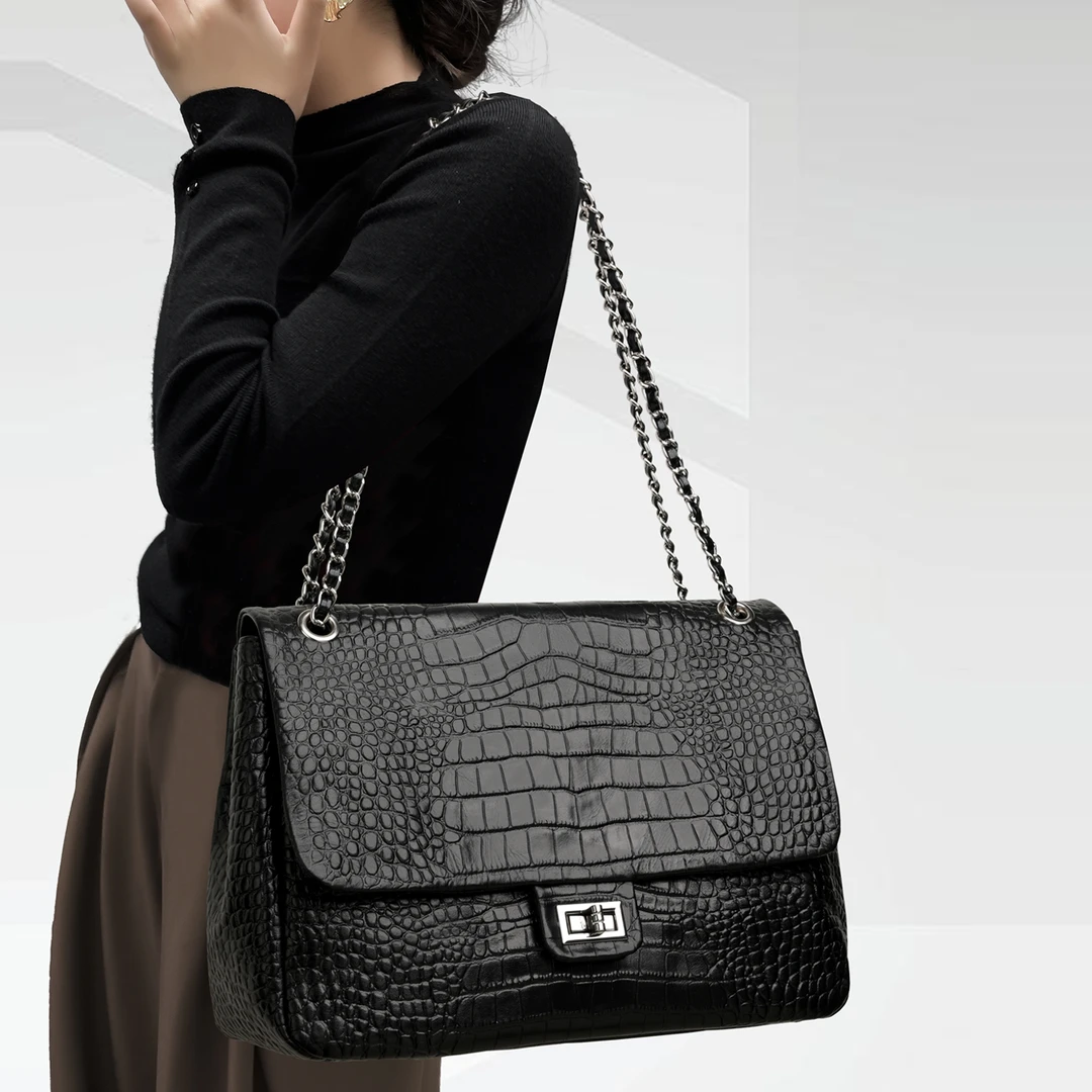 CCAMO真皮黑色包包女包轻奢品牌上档次的鳄鱼纹单肩包时尚链条包