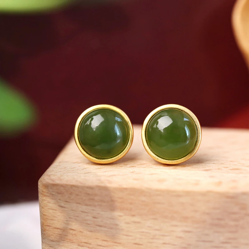 925银耳饰 H224 拉萨发货 S925纯银镀金简约圆形耳钉  碧绿色