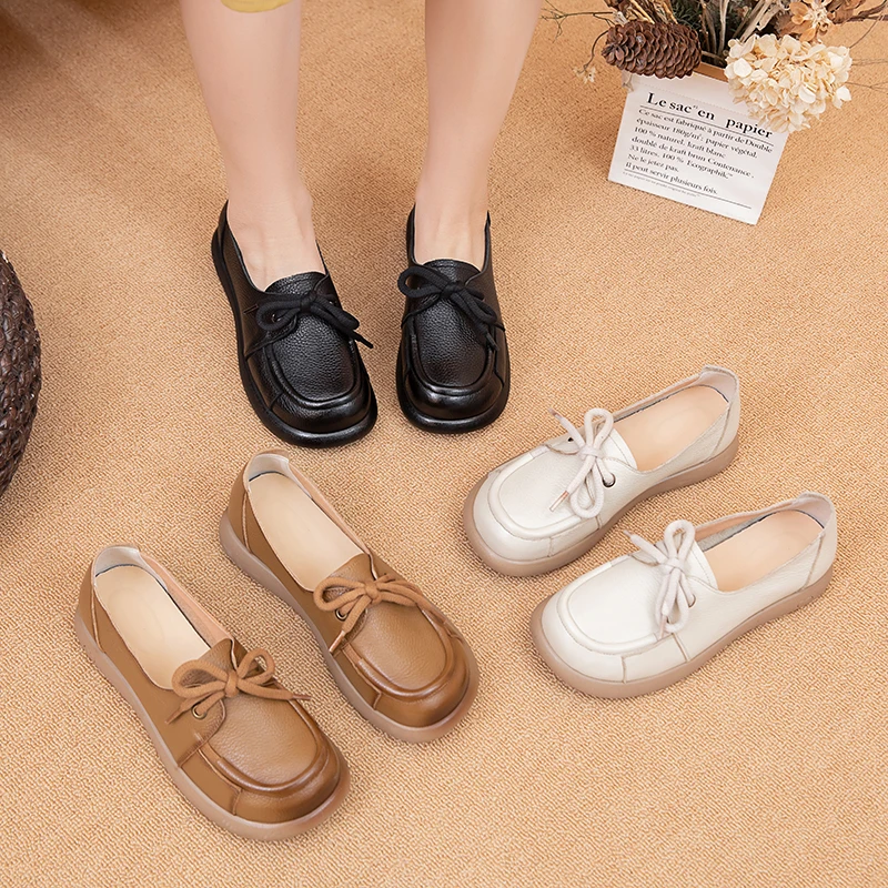 春新款復古真皮小皮鞋豆豆鞋妈妈鞋休闲鞋四季软底一脚蹬358