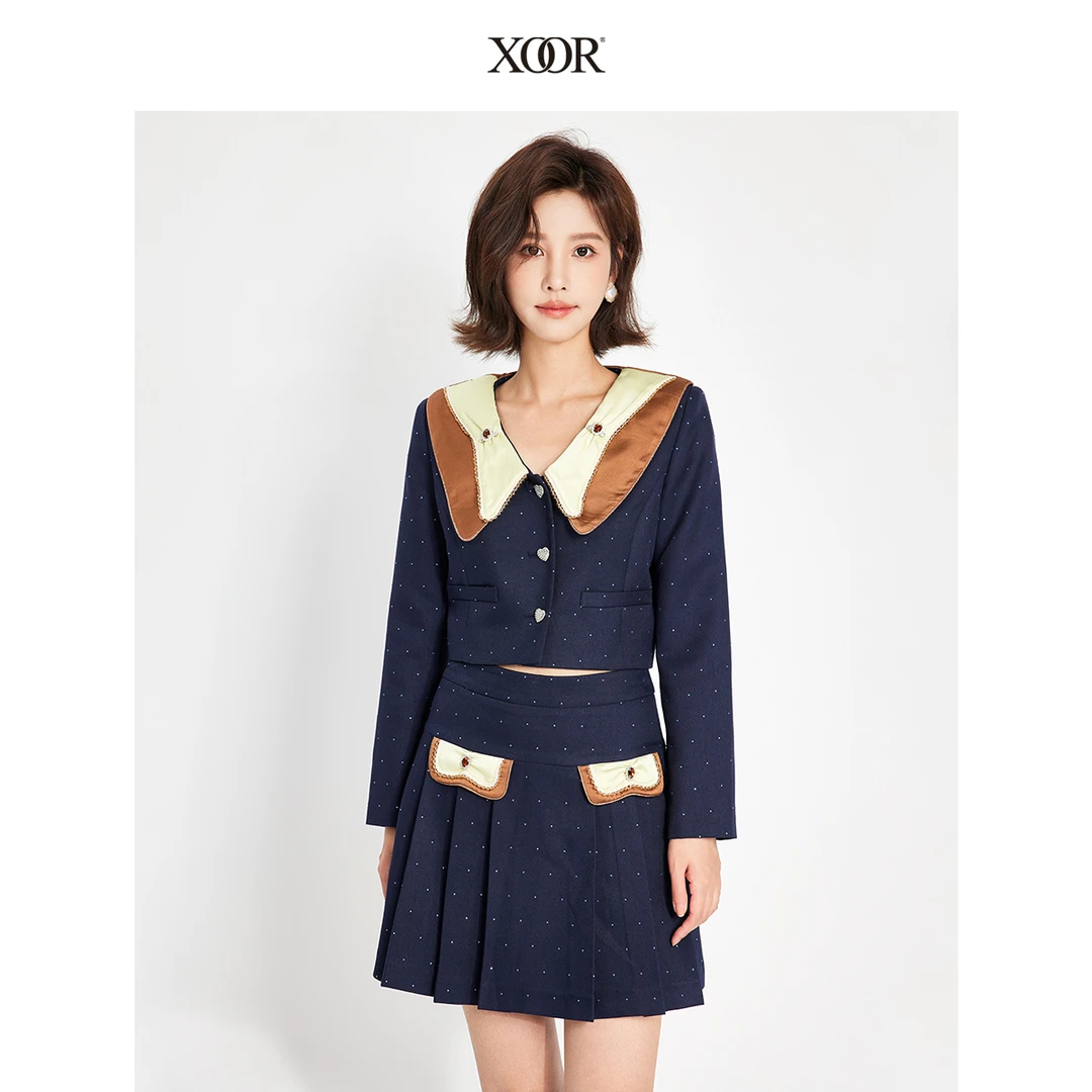 XOOR2023秋季新款学院名媛小香风时尚拼接小外套上衣开衫XAW23015