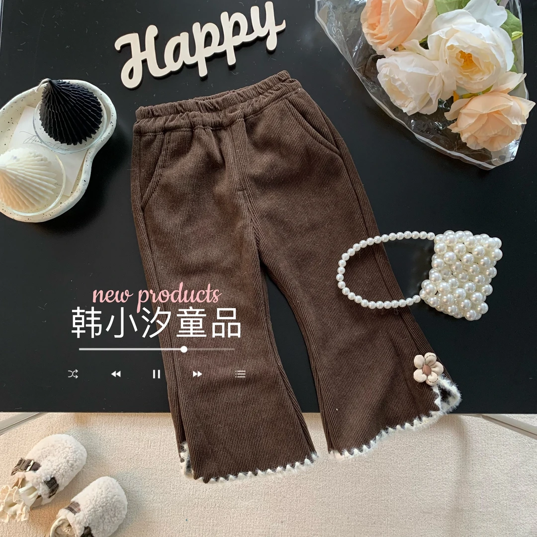 童装女童加绒裤子2023冬装一体绒女宝宝儿童喇叭裤秋冬加厚休闲裤