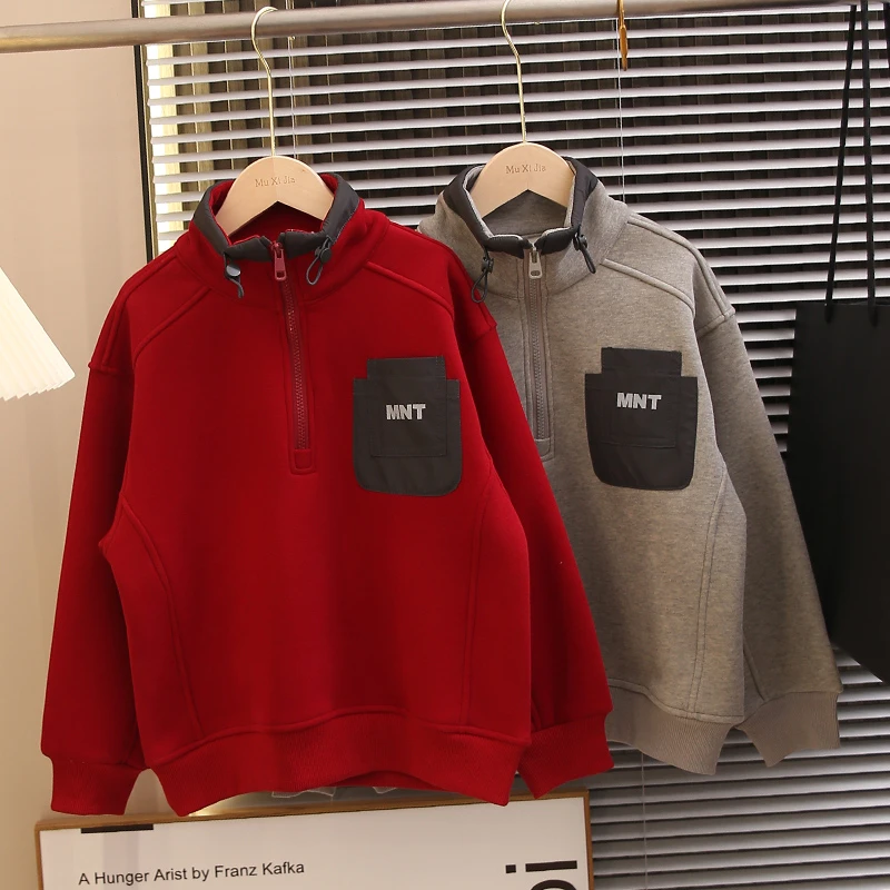 男童加绒卫衣2024新款儿童秋冬装加厚保暖半高领上衣一体绒百搭潮