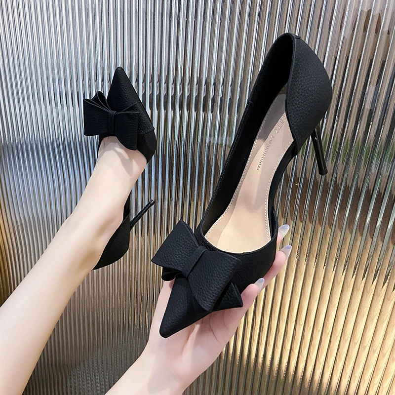 【9公分】2025夏季新款浅口侧空蝴蝶结黑色细跟单鞋气质尖头高跟鞋