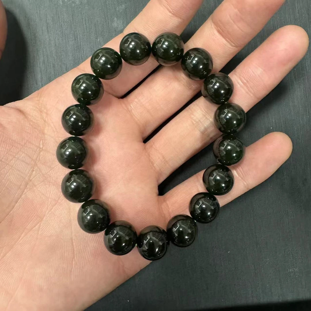 天然和田玉老料墨碧手串圆珠卡12mm左右油润细糯