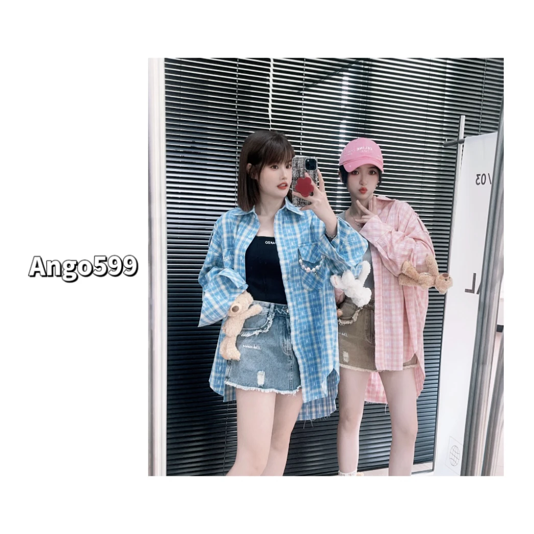 小熊衬衫* 链条装饰提花格纹面料休闲宽松慵懒风衬衫