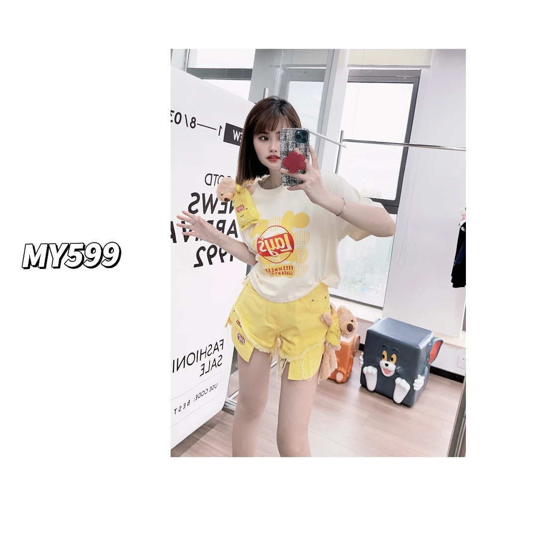 薯片短T* 做旧涂鸦印花logo侧边抽绳短款T恤