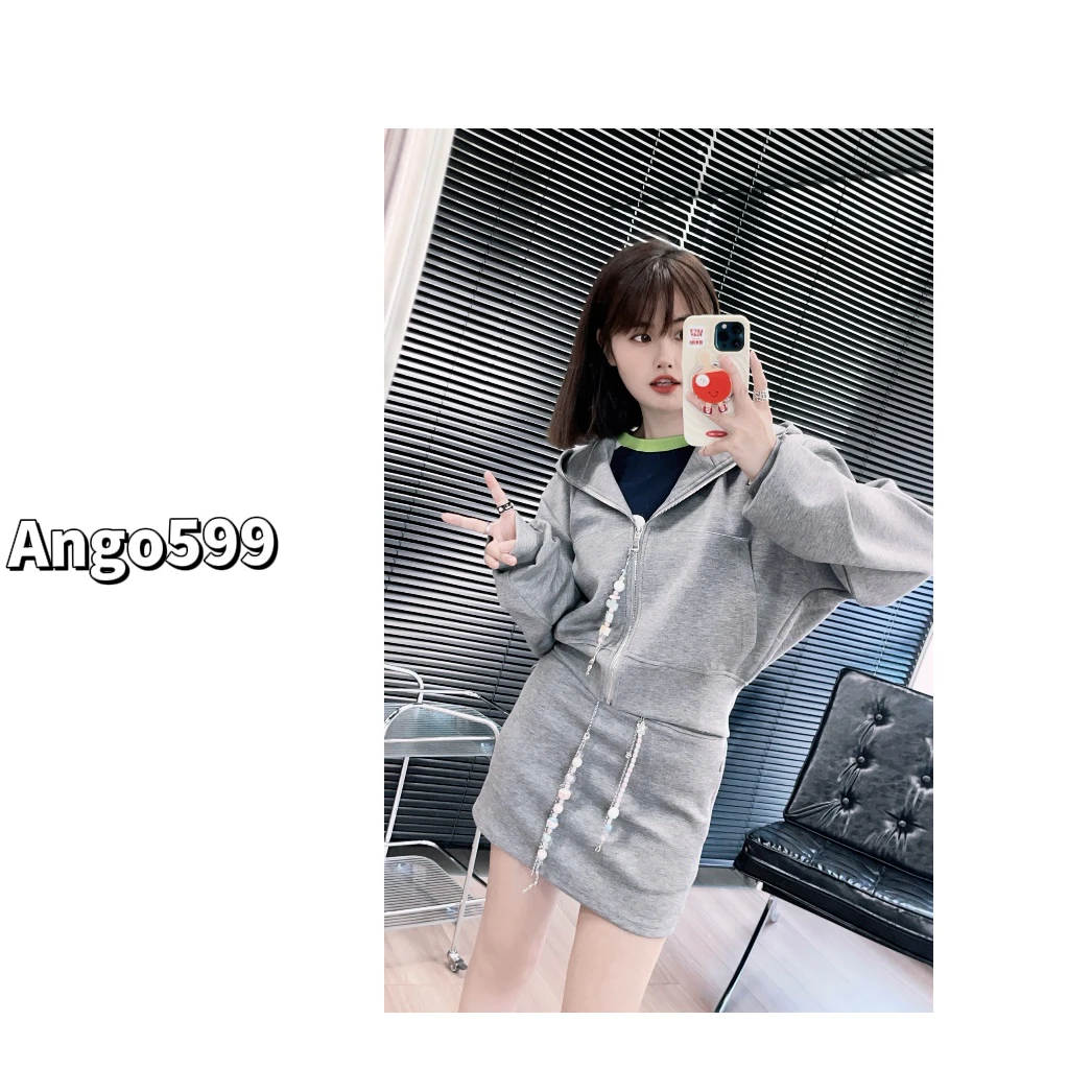 链条套装* 早秋新品时髦宽松连帽短款卫衣外套+短裙套装