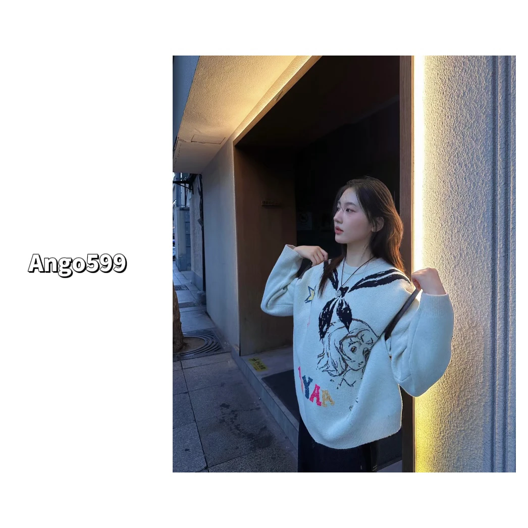 海军少女* 秋冬小众设计师款提花减龄美少女图案圆领套头毛衣