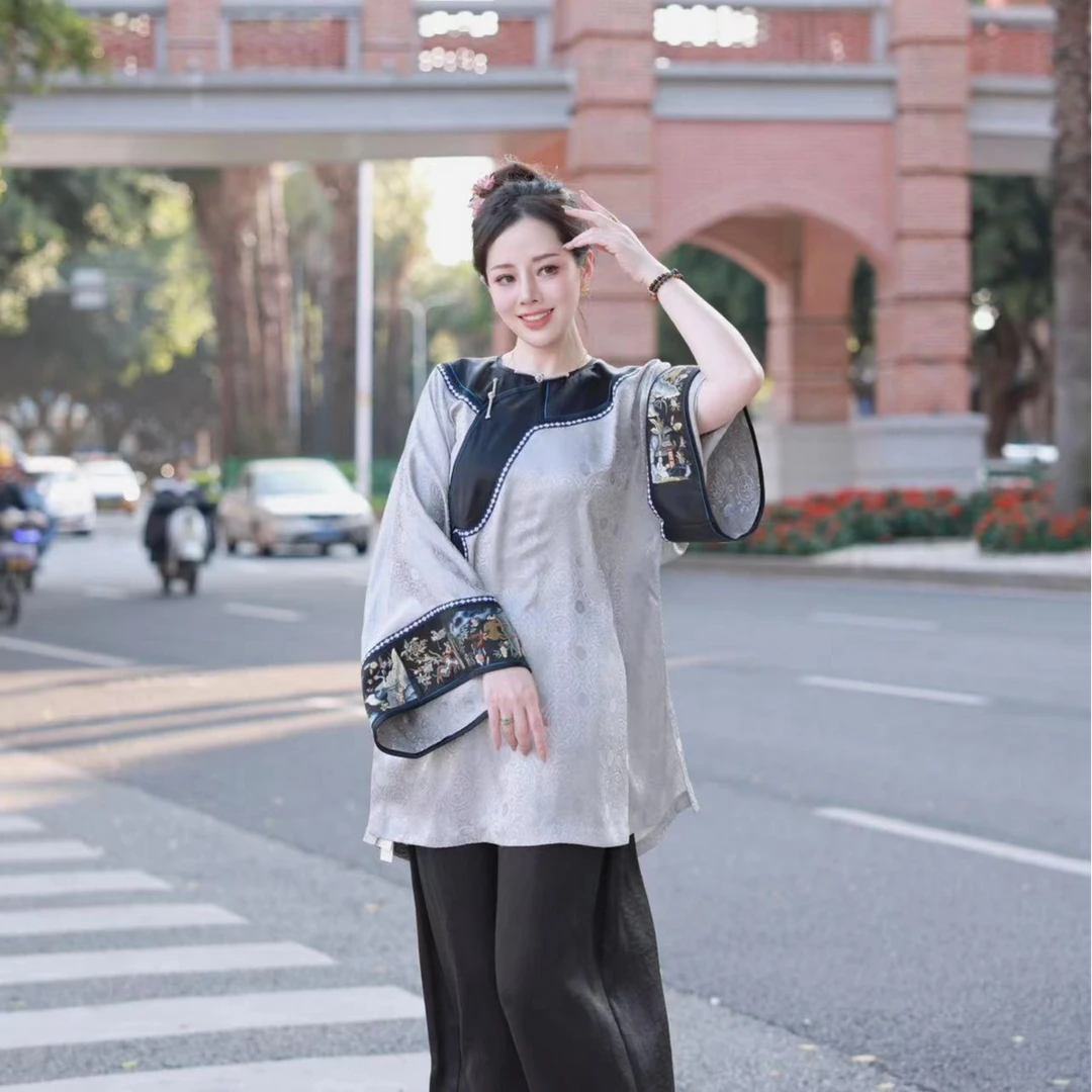 景罗【孤雁儿】景罗国风灰色宽松圆领斜襟手绣上衣