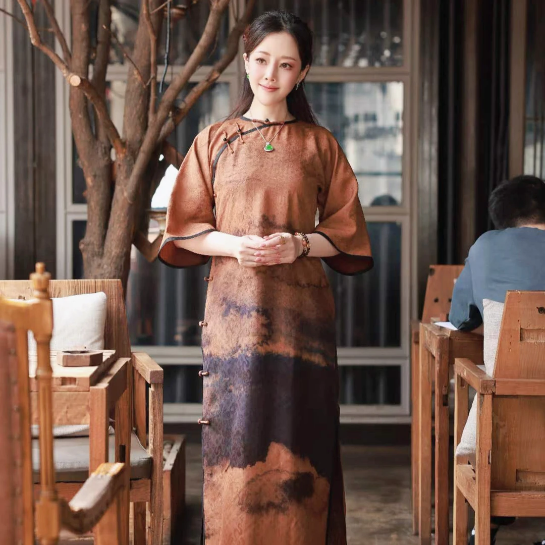 【思滤焦】景罗气质中国风圆领长款旗袍新中式